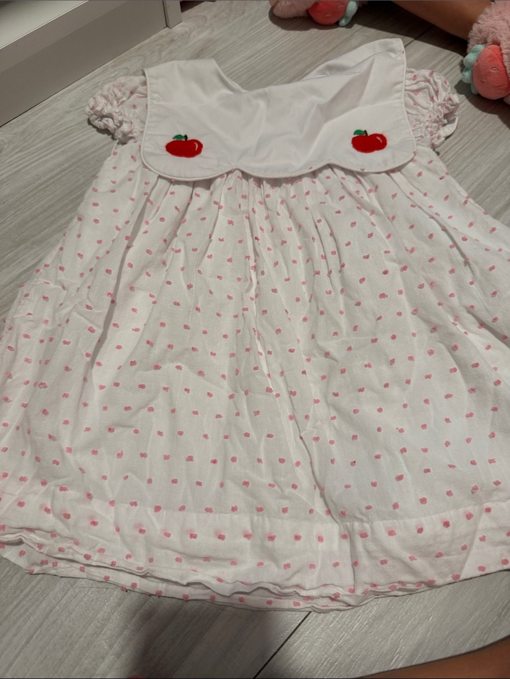 Cecil & Lou White Baby Dress with Pink Dot Print and Red Apple Embroidery